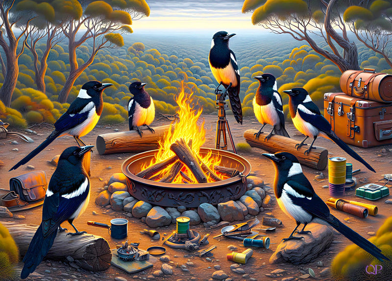 Aussie Animals Camping - Magpies (Landscape)