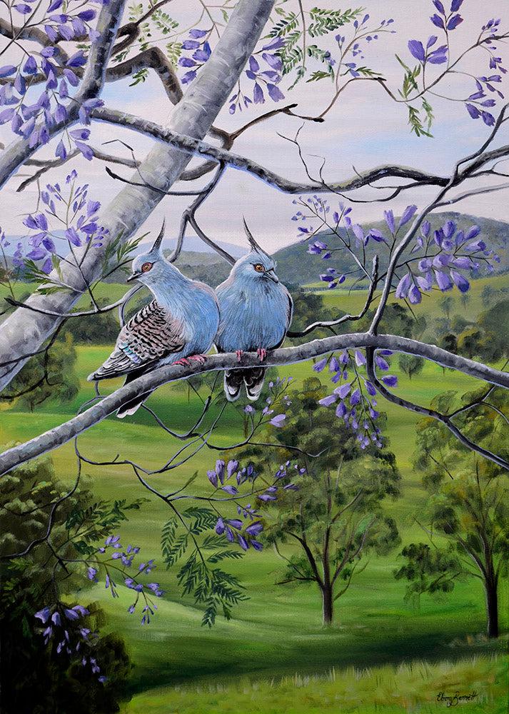 Crested Pigeons Pair (Portrait) Jigsaw Puzzle by Artist Ebony Bennett and Manufactured by QPuzzles in Queensland