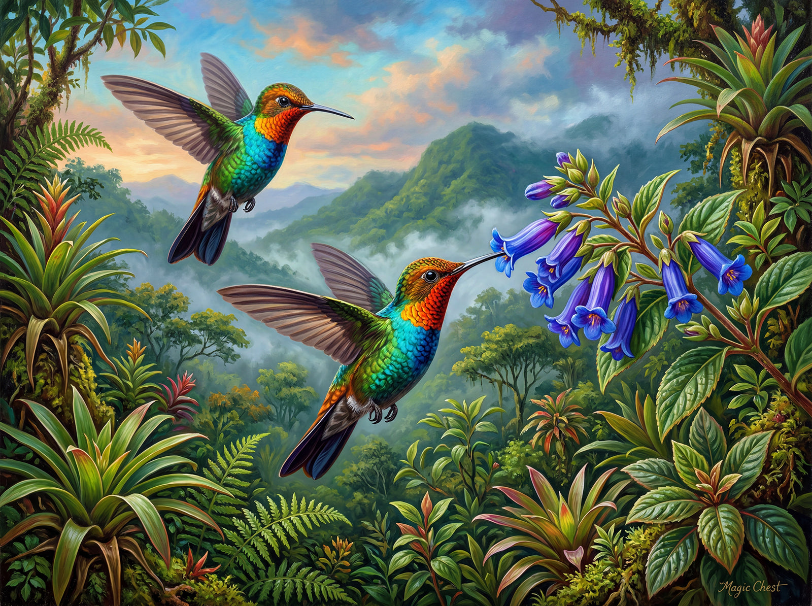 Fiery Throated Hummingbirds (Landscape) - Puzzles Qld Pty Ltd