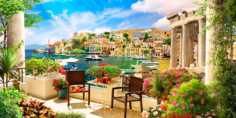 Mediterranean Terrace (Panorama) Jigsaw Puzzle by Artist QPuzzles and Manufactured by QPuzzles in Queensland