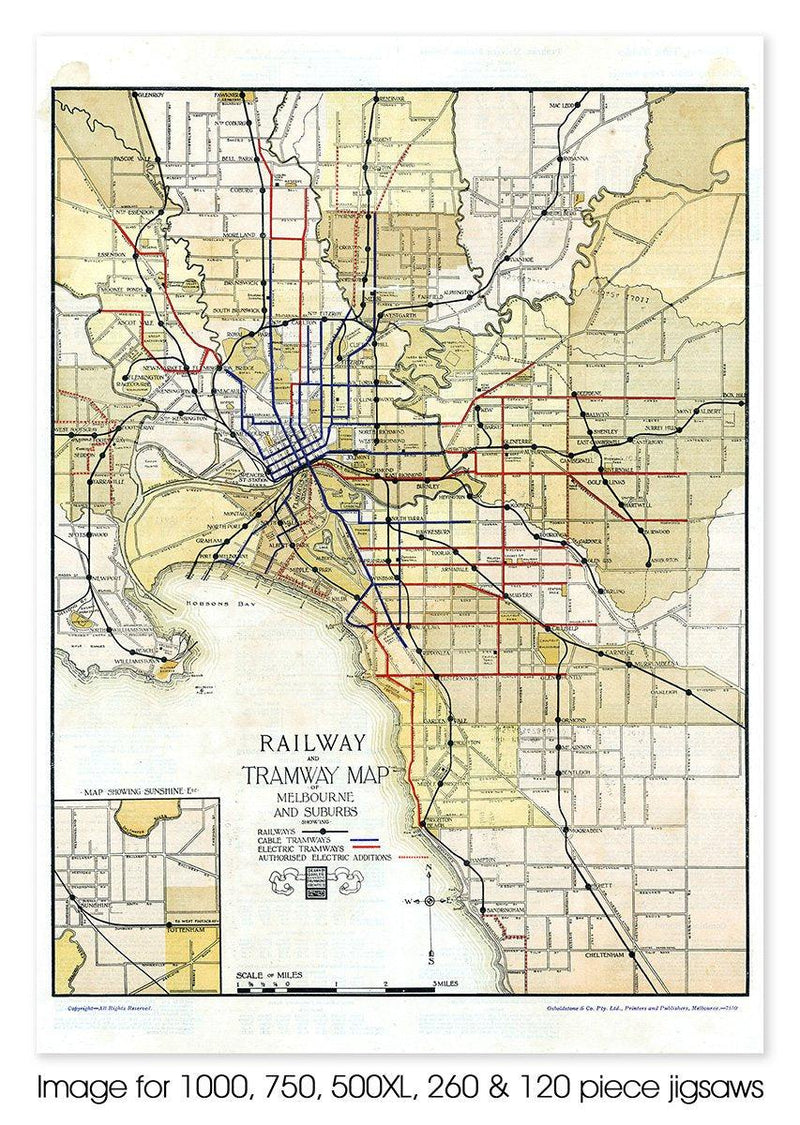 Melbourne & Suburbs Railway & Tramway Map - 1917 (Portrait) Jigsaw Puzzle by Artist Craig Holloway and Manufactured by QPuzzles in Queensland