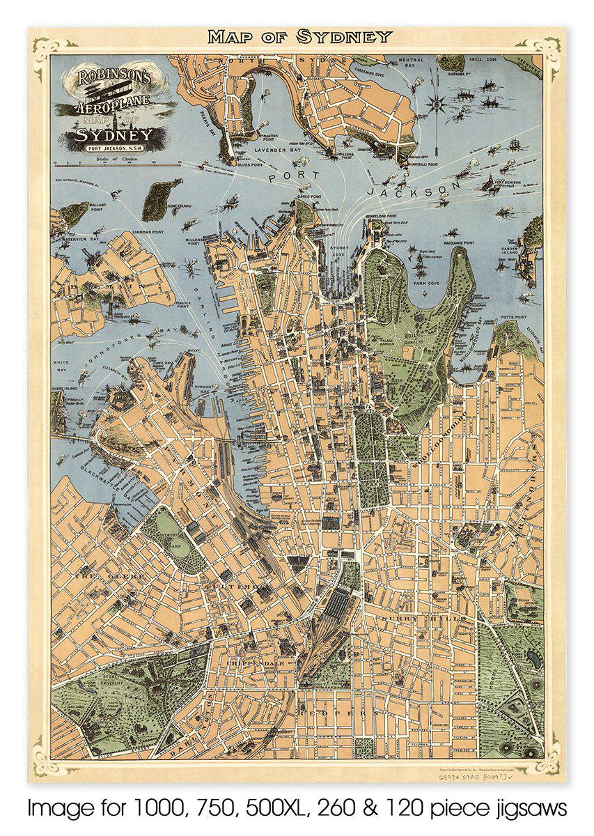 Robinson's Aeroplane Map of Sydney circa 1914 (Portrait) - QPuzzles