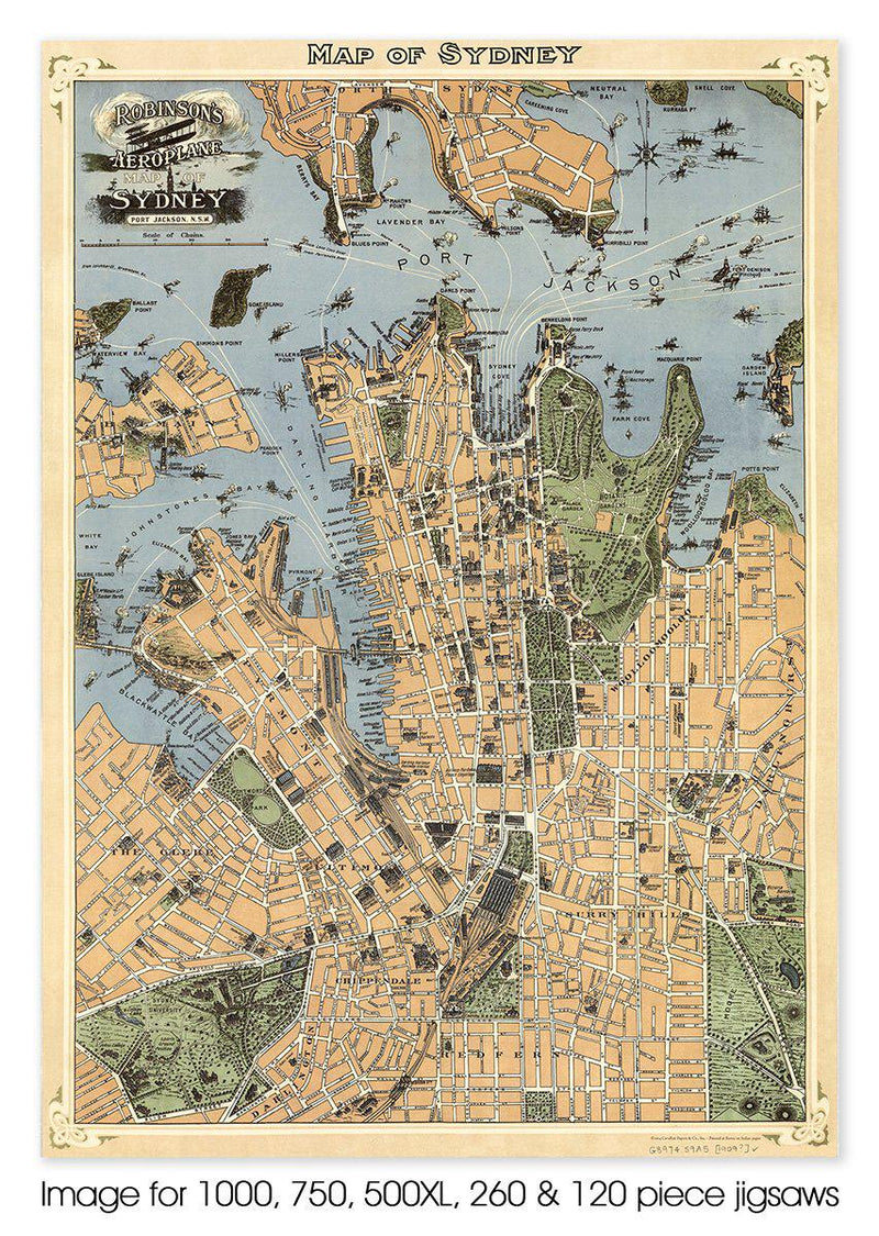Robinson's Aeroplane Map of Sydney circa 1914 (Portrait) Jigsaw Puzzle by Artist Craig Holloway and Manufactured by QPuzzles in Queensland