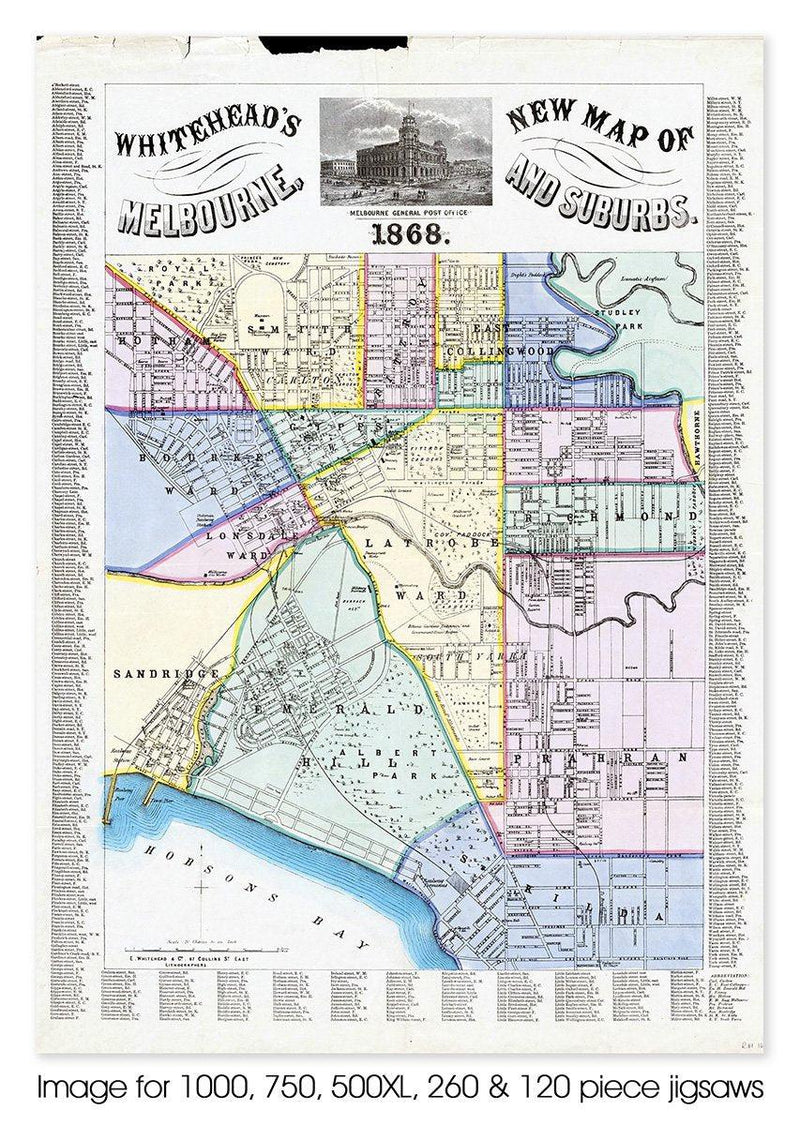 Whitehead's Map of Melbourne & Suburbs - 1868 (Portrait) Jigsaw Puzzle by Artist Craig Holloway and Manufactured by QPuzzles in Queensland